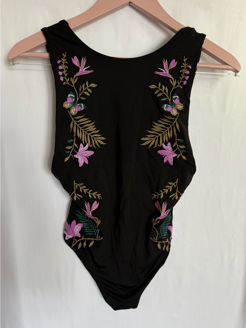 H&M Black One-Piece Swimsuit with Pink & Green Floral Embroidery